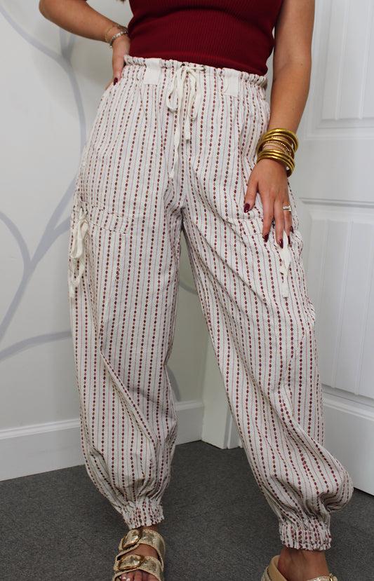 Striped Drawstring Jogger Pants - Oatmeal/Burgundy