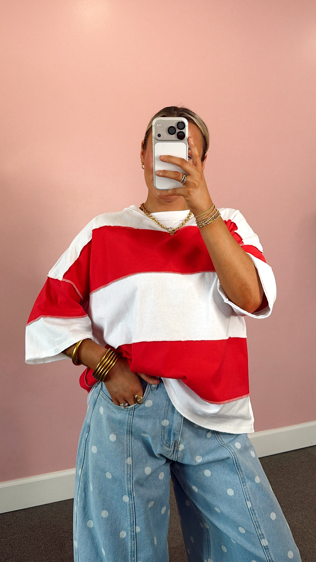 Color Block Striped Oversized Tee - White/ Red