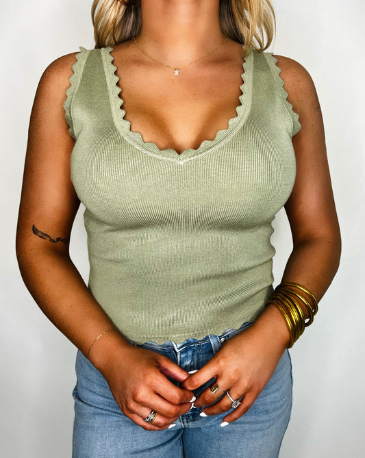 Hit The Block Scallop Tank in Olive