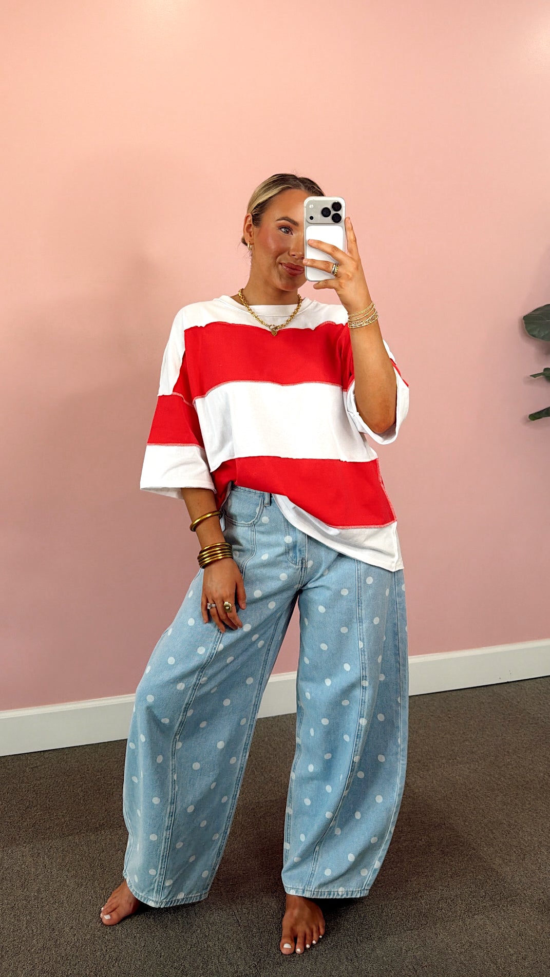 Color Block Striped Oversized Tee - White/ Red
