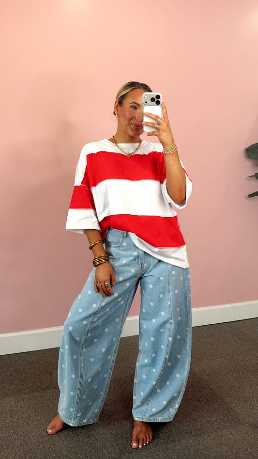 Color Block Striped Oversized Tee - White/ Red