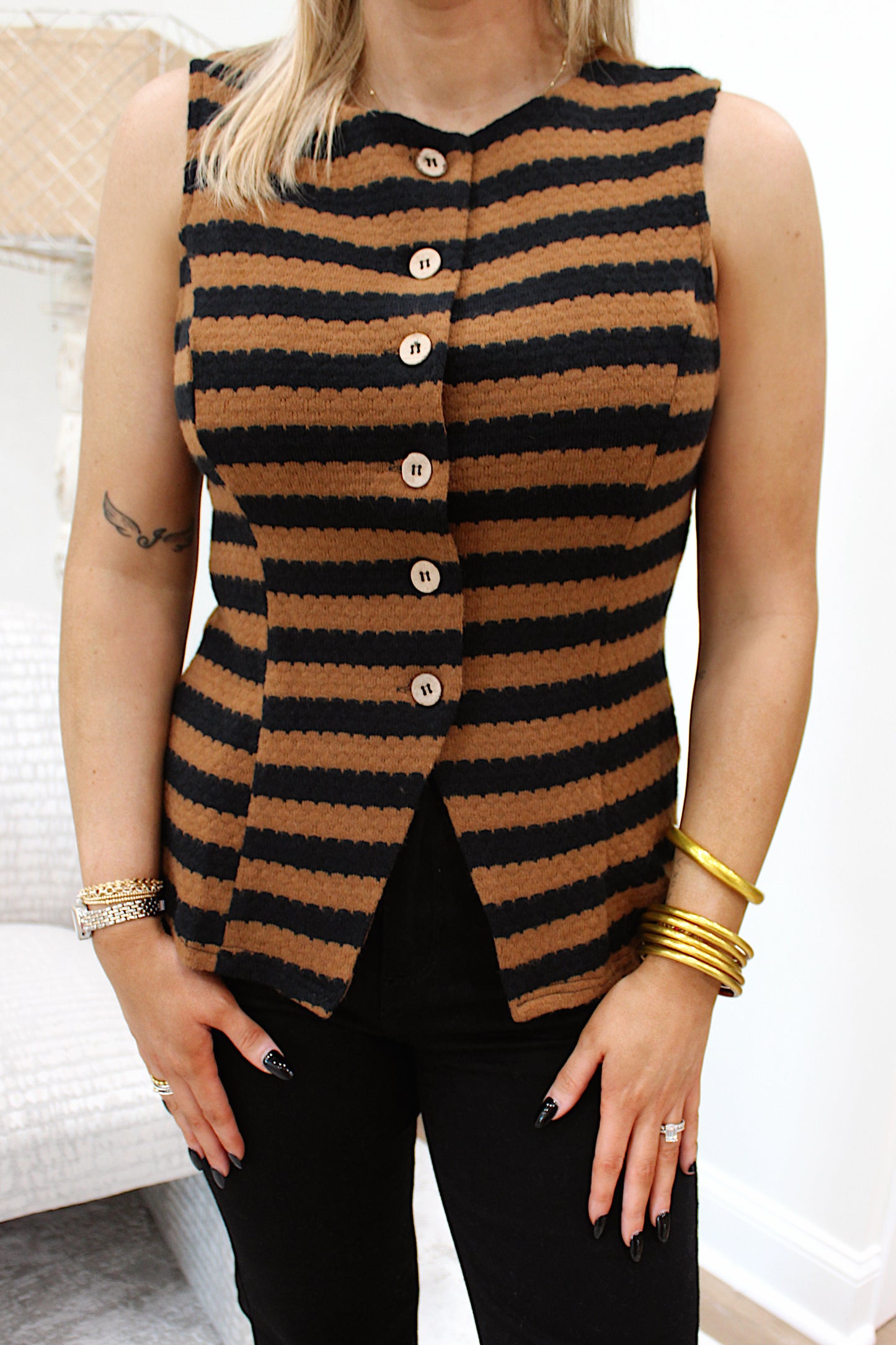 Stripe Button Down Vest Top