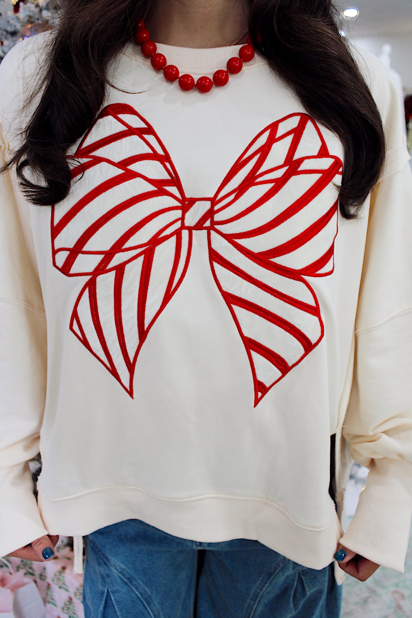 Velvet Embroidered Candy Cane Bow Pullover