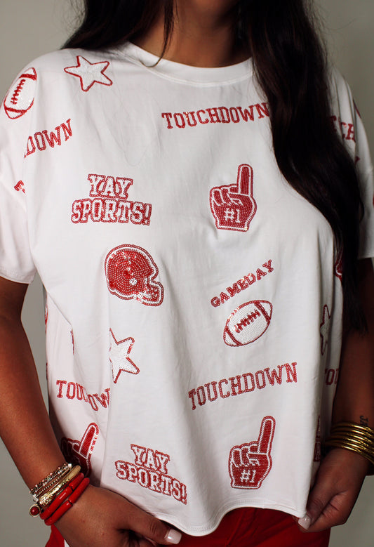 Stewart Simmons - Sequin Football Tee in Red