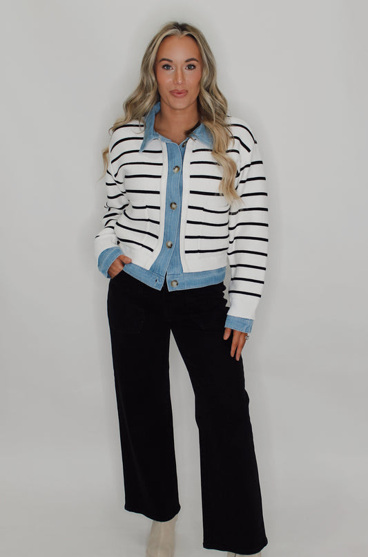 Stripe Knit & Denim Cardigan