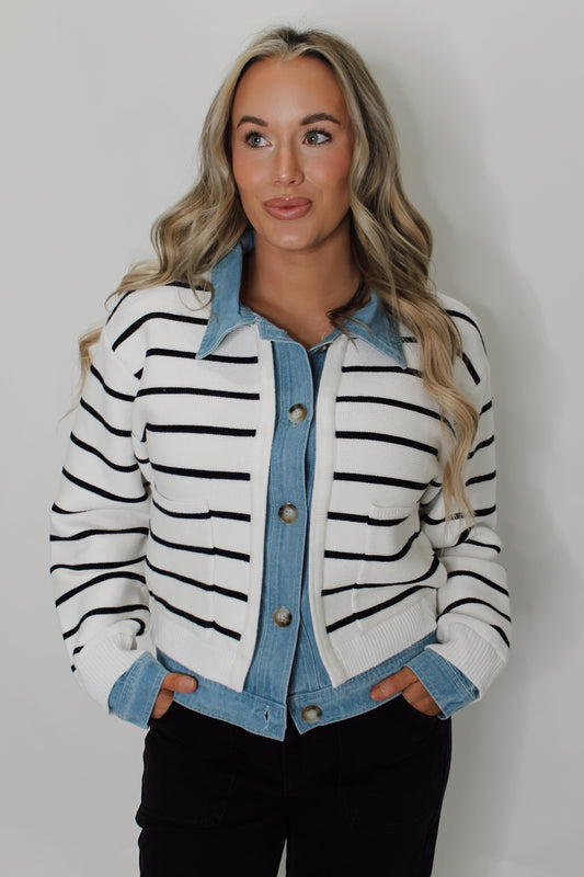 Stripe Knit & Denim Cardigan