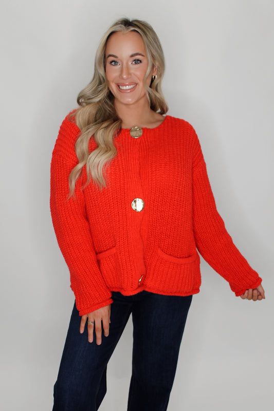 Cozy Cuddles Knit Cardigan in Red