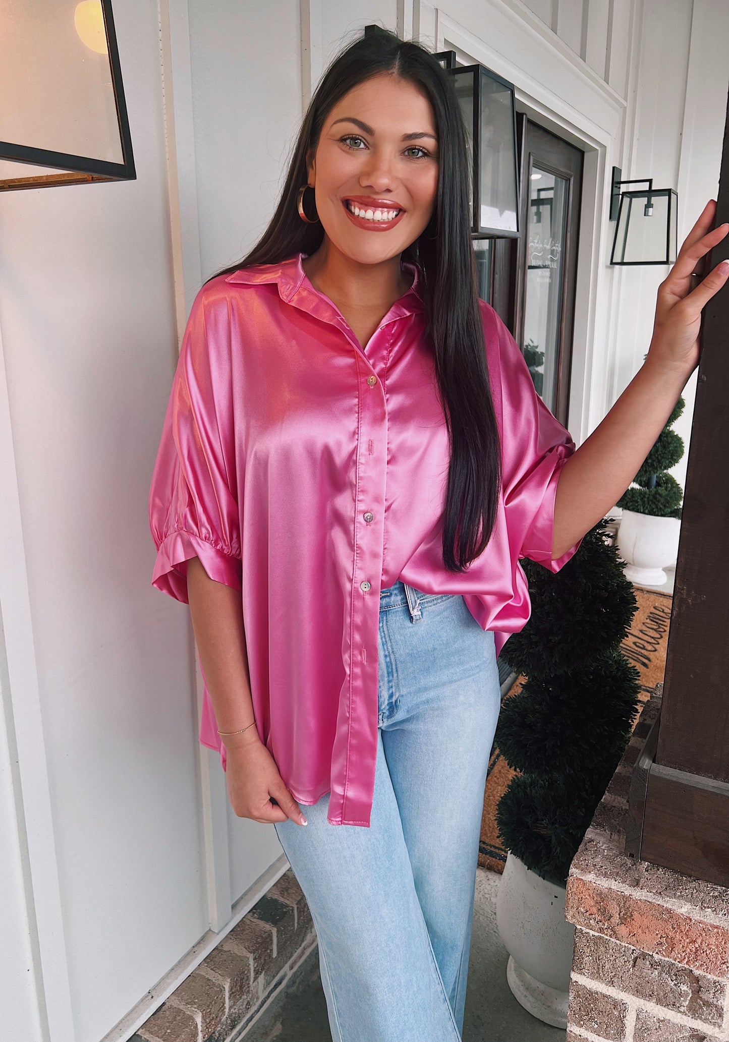 ADRIENNE / Bubblegum Button Down Blouse