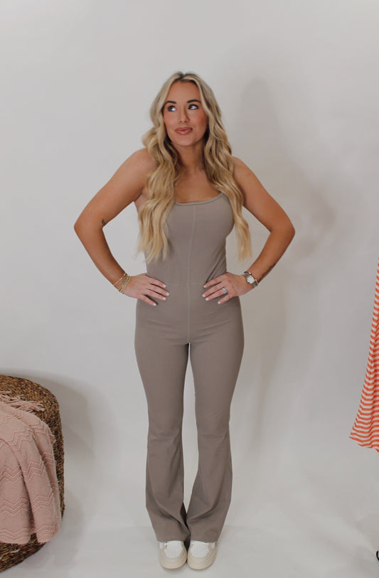 Free To Dream Flare Jumpsuit In Taupe