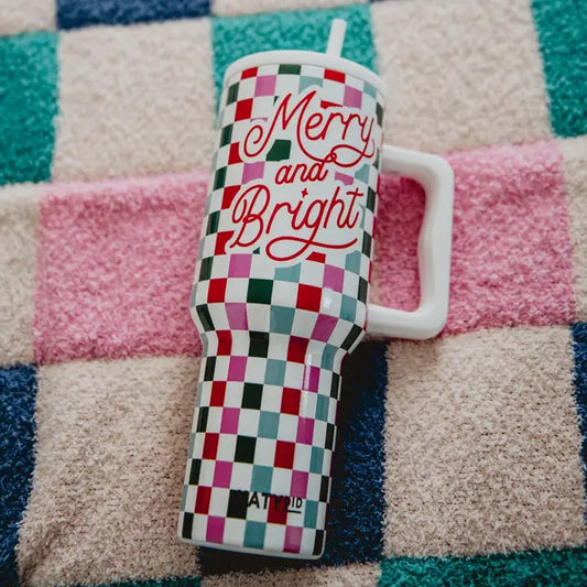 Merry & Bright Checkered Tumbler Cup w/ Handle