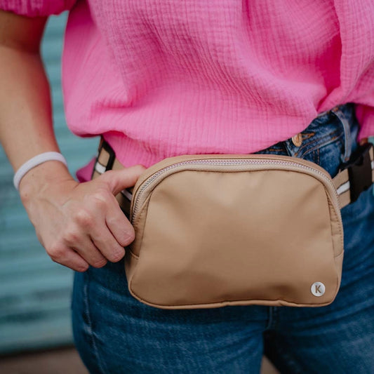 Tan Solid Fanny Pack with Striped Strap